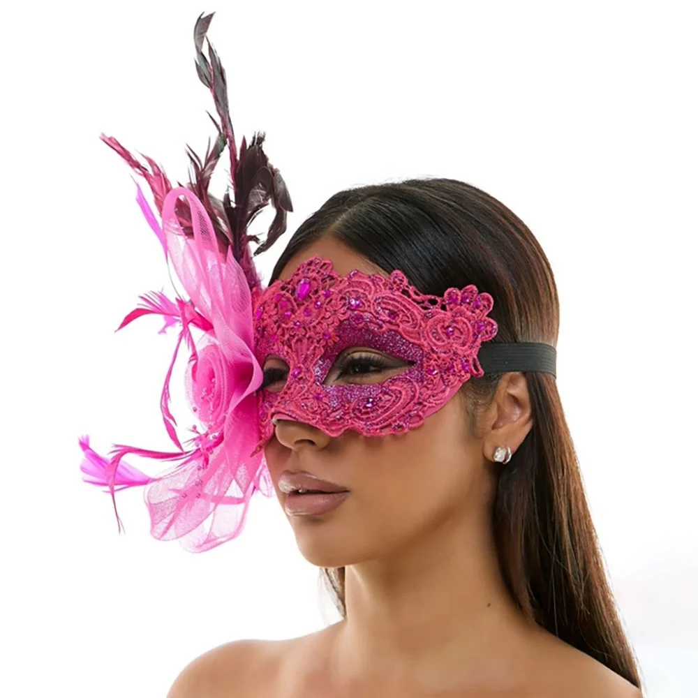 Hot Pink Elegant Flower Feather Lace Half Face Mask Masquerade Headpiece EyeMask
